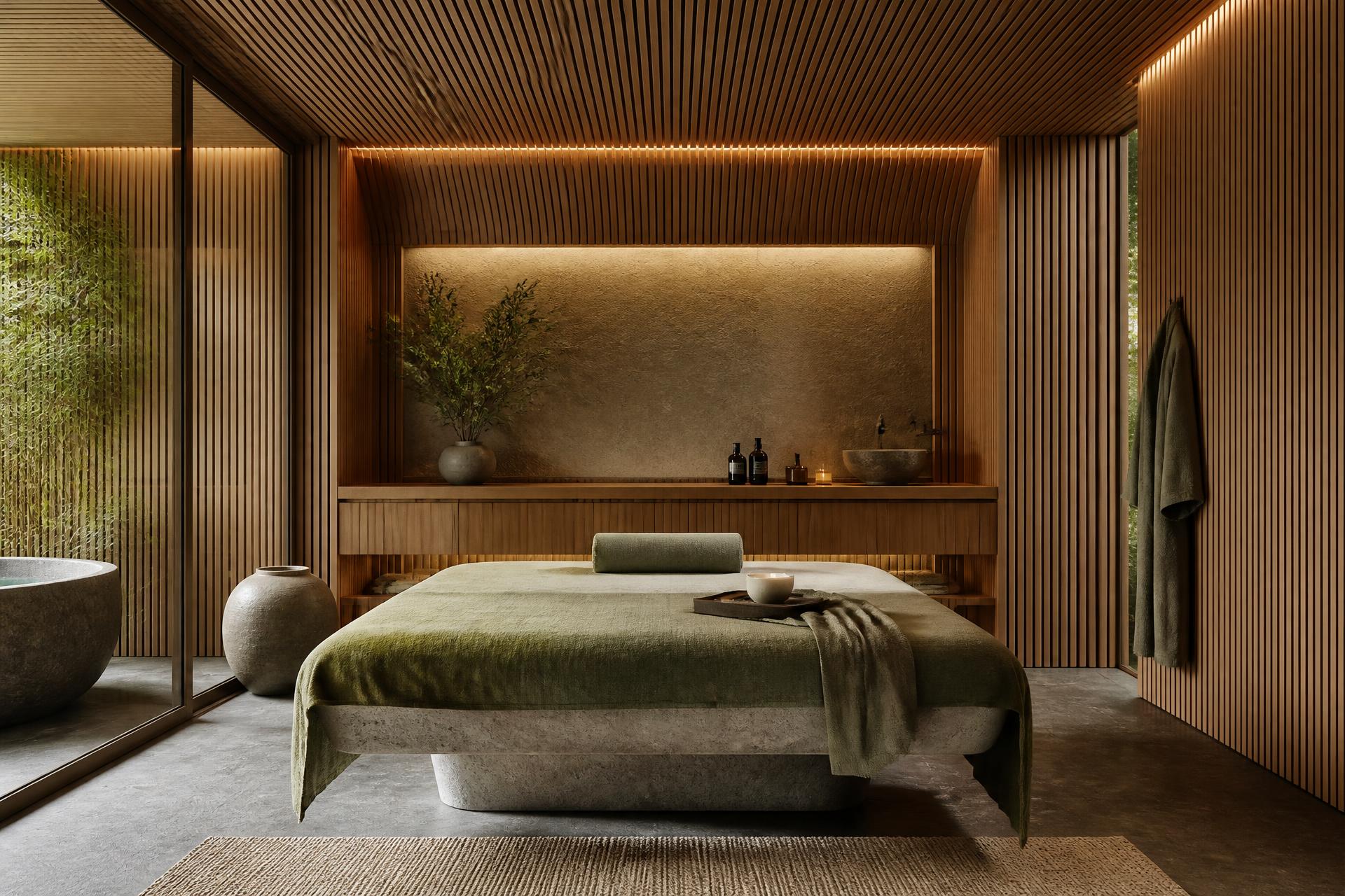 Cedar-lined treatment room at Cedar & Sage Spa